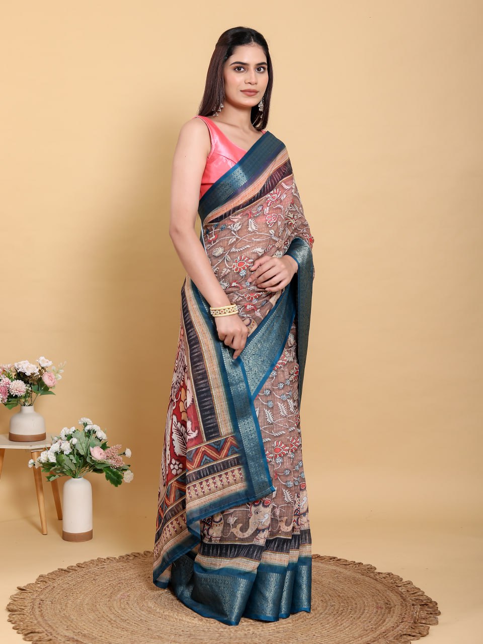 Artistic Brown & Teal Linen Cotton Saree | Kalamkari/Pichwai Heritage Print